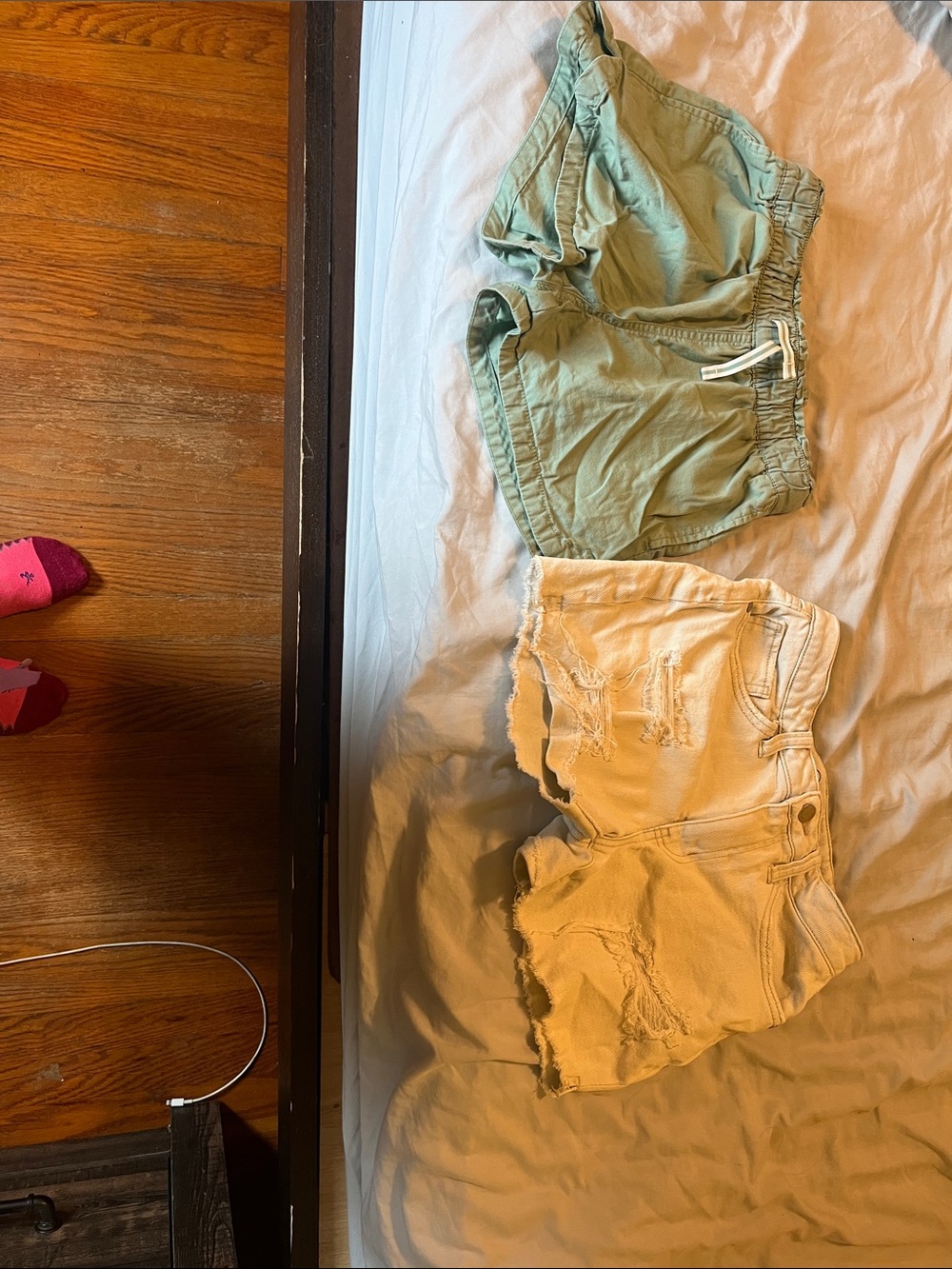 Casual Sage Drawstring Shorts + Distressed White Denim Shorts Duo
